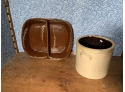 Redware Serving Dish And Stoneware Crock