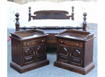 Ethan Allen Queen Size Pine Cannonball Bed With Matching Bed Side Cabinet Stands (CTF50)