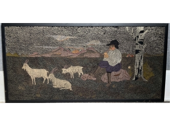 Antique Crewel Needlework Of A Boy Watching Sheep