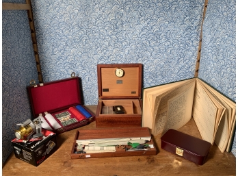 Assorted Lot: Humidor, Poker And Drafting Set Etc.