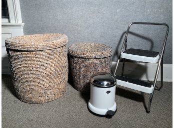 Two Wicker Laundry Baskets, Cosco Stepstool And Garbage Can