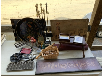 Large Assorted Lot: Corn Bread Pan, Early Toaster, Artwork, Signs, Tole Trays, Etc (CTF20)