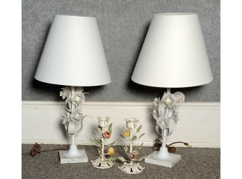 Two Decorative Flower Lamps With Two Candlestick Holders