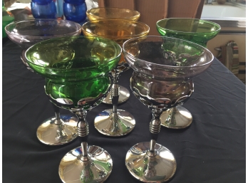 Set Of 6 Multicolored Glasses With Metal Stems