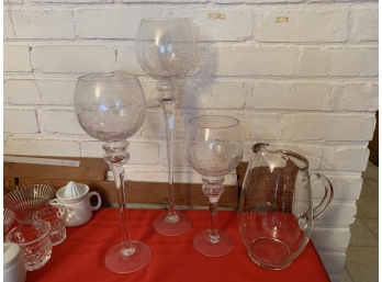 Glass Pitcher And Candle Holders