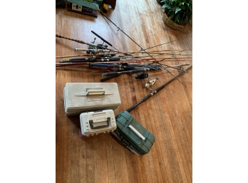 Assorted Fishing Poles With Tackle Boxes