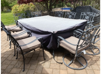 Patio Set. Table, 12 Chairs, Side Table, Umbrella Stand, Cushions, Cover