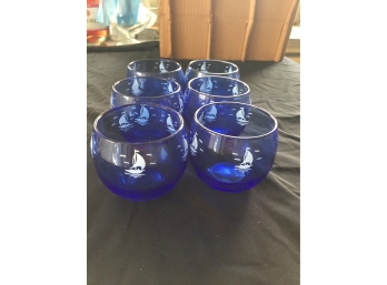 Set Of 6 Blue Glasses With Sailboats