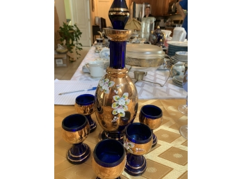 Dark Blue Decanter With 6 Glasses.