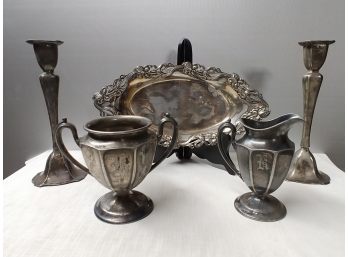 Three-piece Antique Silver Plate Lot To Include Beautiful Art Nouveau Bread Plate
