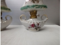 Pair Of Vintage Miniature Japanese Porcelain Oil Lamps With Rose Decoration