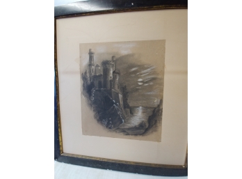 Victorian Charcoal Painting Of Oceanside Castle In The Moonlight
