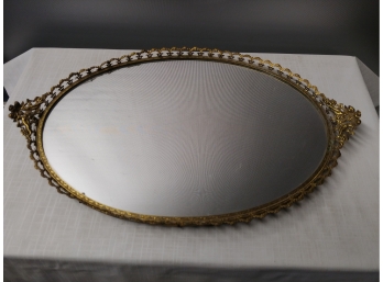 Fancy Oval French Style Gold Metal Mirrored Dresser Tray With Figural Cherub Handles
