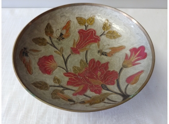 6 1/2 Inch Solid Brass And Enamel Penco Bowl Decorated With Flowers And Butterflies