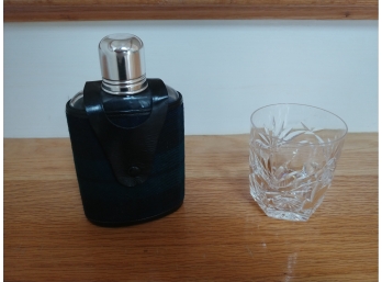 Plaid Covered Flask And Waterford Crystal Drinking Glass
