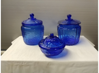 2 Cobalt Blue Biscuit Jars And  A Rose Decorated Cobalt Blue Glass Covered Candy Dish