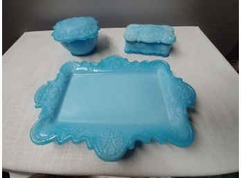 3 Piece Blue Milk Glass Dresser Set