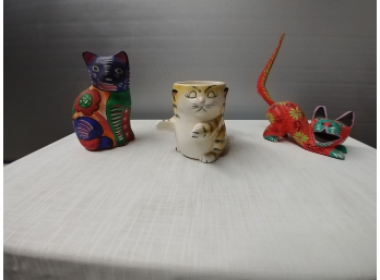 Cat Lot To Include MSA Ceramic Mug Hand-carved Wooden Cat And Hand-painted Terracotta Cat