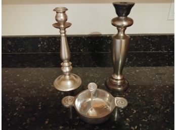 Two Tall Candlesticks And A Spun Aluminum Two-handled Bowl And Matching Spoon