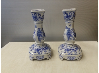 Pair Of Blue And White Decorated Porcelain Candlesticks