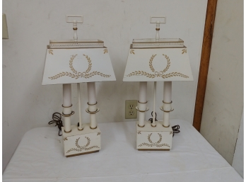Pair Of Hand-painted Wreaths Decorated Toleware Lamps