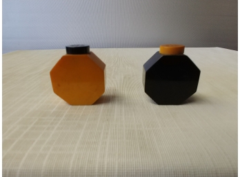 Great Pair Of Black And Butterscotch Catalan Art Deco Salt And Pepper Shakers