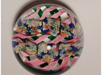 Petite Millefiori And Cane Twist Murano Glass Paperweight On A Bed Of Forest Green