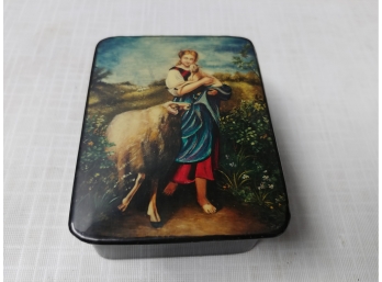 Wooden Russian Lacquer Box With Scene Depicting Girl With Sheep