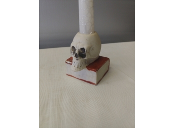 1920s Bisque Skull On A Book Candle Holder