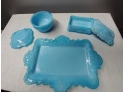 3 Piece Blue Milk Glass Dresser Set