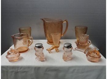 9 Piece Pink Glassware Lot Including Pitcher With Glasses