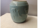 Pottery Cookie Jar With Embossed Circus Animal Surrounding The Body