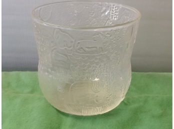 Footed Mid-century  Pressed Glass Vase Decorated With Jungle Scene