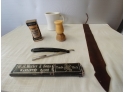 Antique Shaving Lot To Include Shumate Pacific Straight Razor With Fancy Celluloid Handle