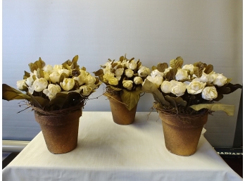 3 Clay Pots Of Silk Flower Arrangements