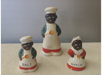 Vintage Japanese Mammy And Chef Salt And Pepper Shakers And Chef Oil Bottle