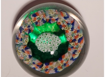 Murano Glass Petite Millefiori Paperweight White Floral Center Surrounded By A Wreath Of Petite Millefiori
