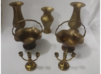 Assorted Lot Of Brass Tableware To Include Two Brass Baskets