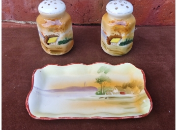 Small Hand-painted Nippon Tray And Pair Of Hand-painted Nippon Salt And Pepper Shakers