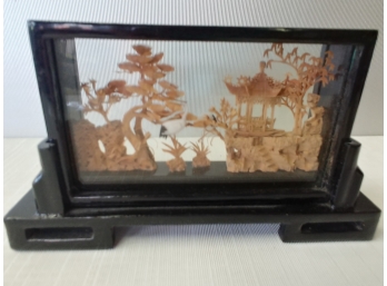 Carved Asian Diorama In Black Lacquer Case