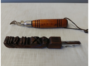 Vintage Carved Tiki And Barbecue Wooden Handled Bottle Openers