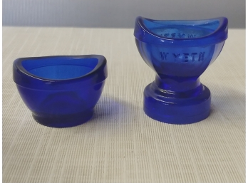 Two Antique Cobalt Blue Glass Eye Cups One Signed Wyeth