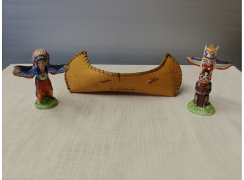 Native American Indian Chief And Totem Pole Salt And Pepper Shakers And Souvenir Birch Bark Canoe