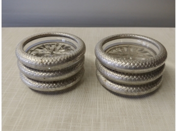 Set Of 6 Mid-century Aluminum Wrapped Glass Drink Coasters