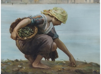 Early 20th Century Lithograph Of Young Woman Gathering Snails On The Banks Of A Bay Signed Antonio Poletti