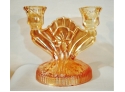 2 Vintage Carnival Glass Candlesticks JEANETTE TWELVE RINGS & Jeanette Iris