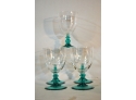 Lot Of  5 French Tumblers / Goblets W/ Stems Teal  Blue-Green Stems NICE