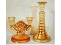 2 Vintage Carnival Glass Candlesticks JEANETTE TWELVE RINGS & Jeanette Iris