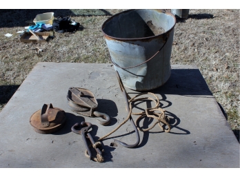 Old Rusty Bucket, Block And Tackle Pulley, Hay Hook, Antique Cow  Bull Nose Leader Pliers