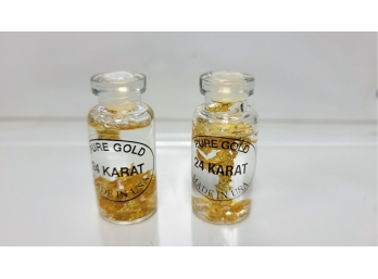 2 Vials Of 24 Karat Pure Gold Flakes In Sealed Miniature Bottle Made In USA